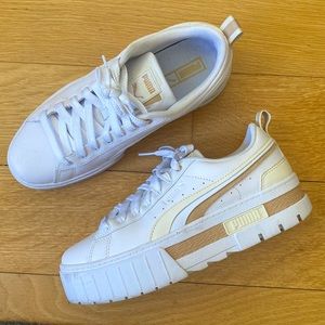 Womens PUMA Mayze FS Interest Platform Sneaker - White & Nude colors